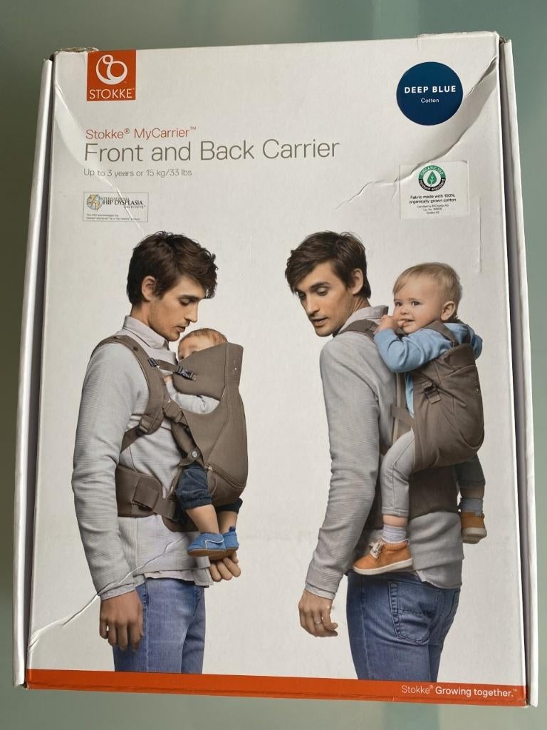 Stokke MyCarrier Buik- en Rugdrager (Deep Blue cotton), Kinderen en Baby's, Babydragers en Draagdoeken, Buik of Rug, Nieuw, Draagzak