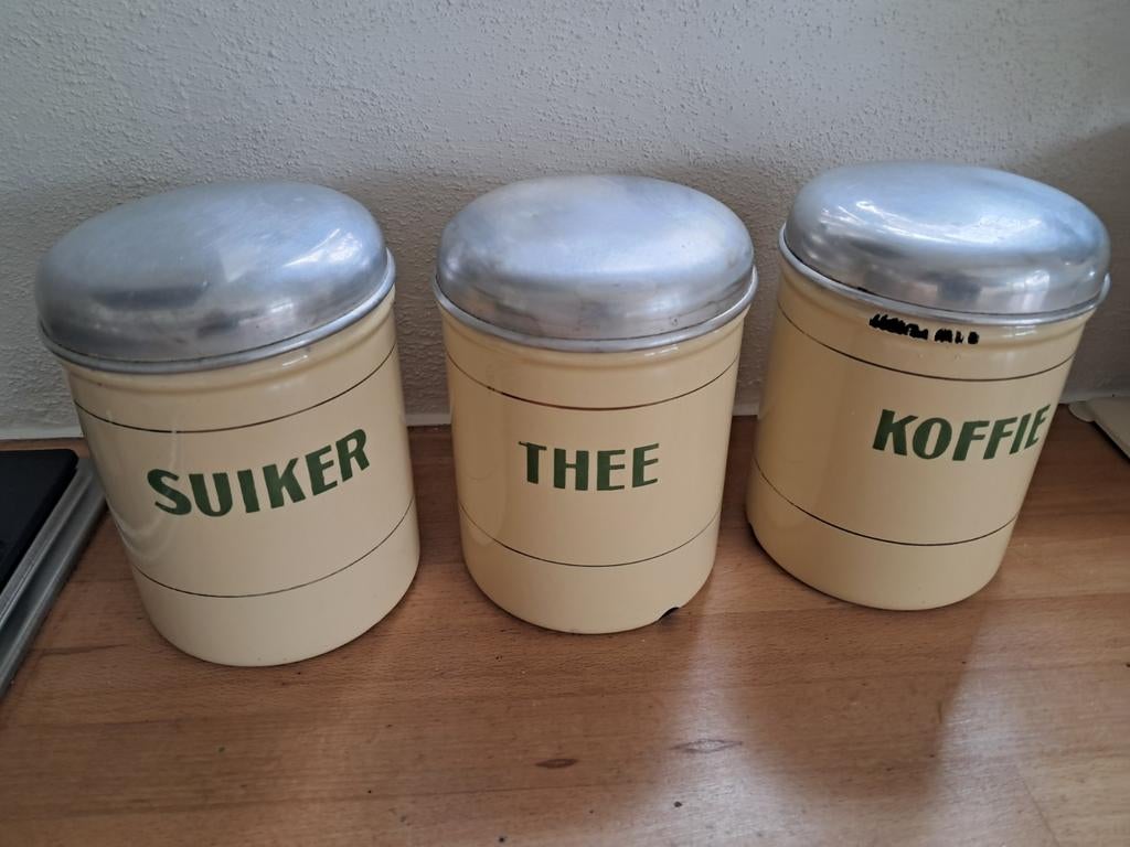 Vintage brocante crème emaille voorraadbussen, Antiek en Kunst, Antiek | Emaille, Ophalen of Verzenden