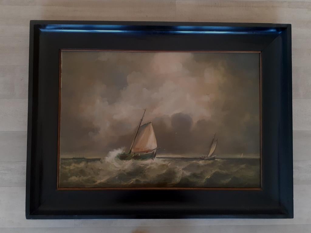 L. Hartman olieverf schilderij - Zeilschepen op woelige zee, Antiek en Kunst, Kunst | Schilderijen | Klassiek, Ophalen