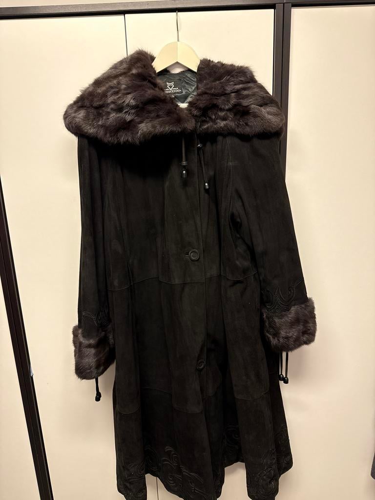 Vintage imitatie Suède jas met Bontkraag, Ophalen of Verzenden, Gedragen, Maat 46/48 (XL) of groter, Zwart