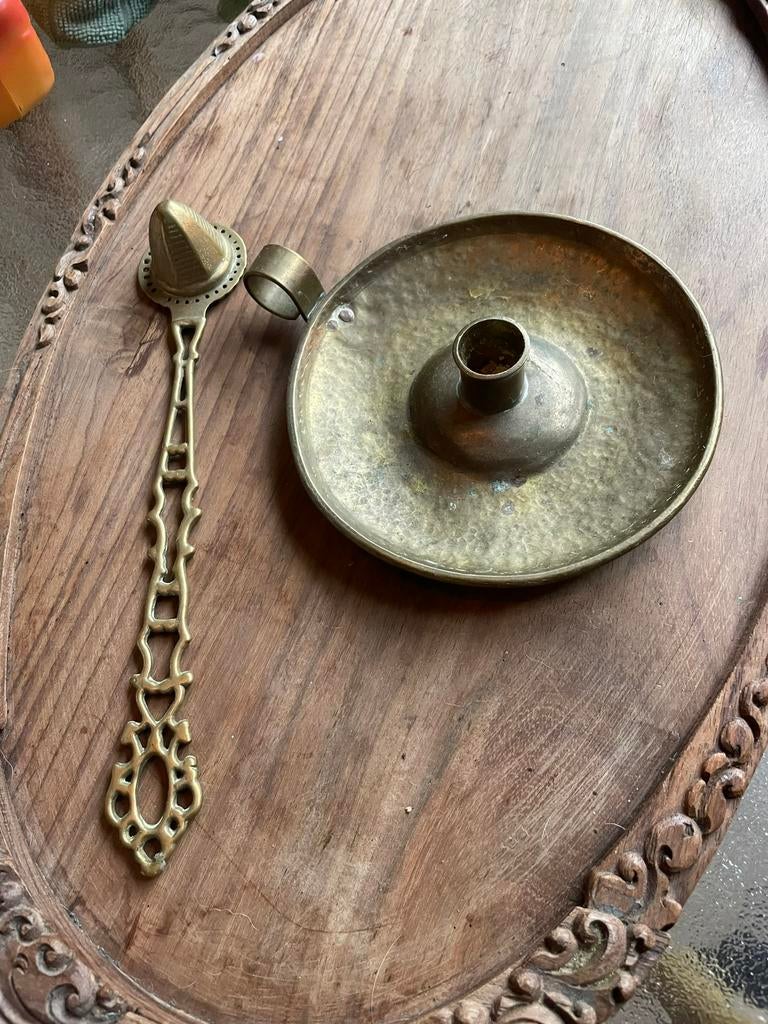Antieke Geel koperen kandelaar met kaarsen dover, Antiek en Kunst, Ophalen of Verzenden, Koper of Brons