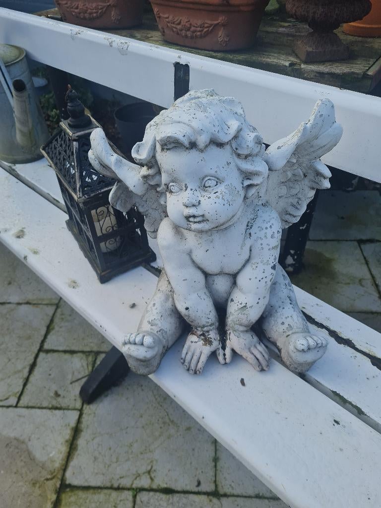 Oudere polystone engel groot model winterhard, Gebruikt, Engelenbeeld, Belle Vieille Brocante, Ophalen of Verzenden