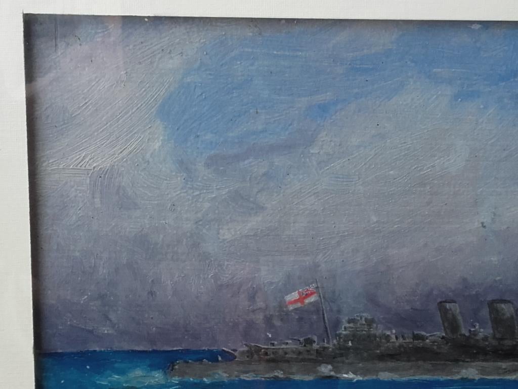 Mooi oud Engels ingelijst schilderij met een oorlogsschip., Antiek en Kunst, Ophalen of Verzenden