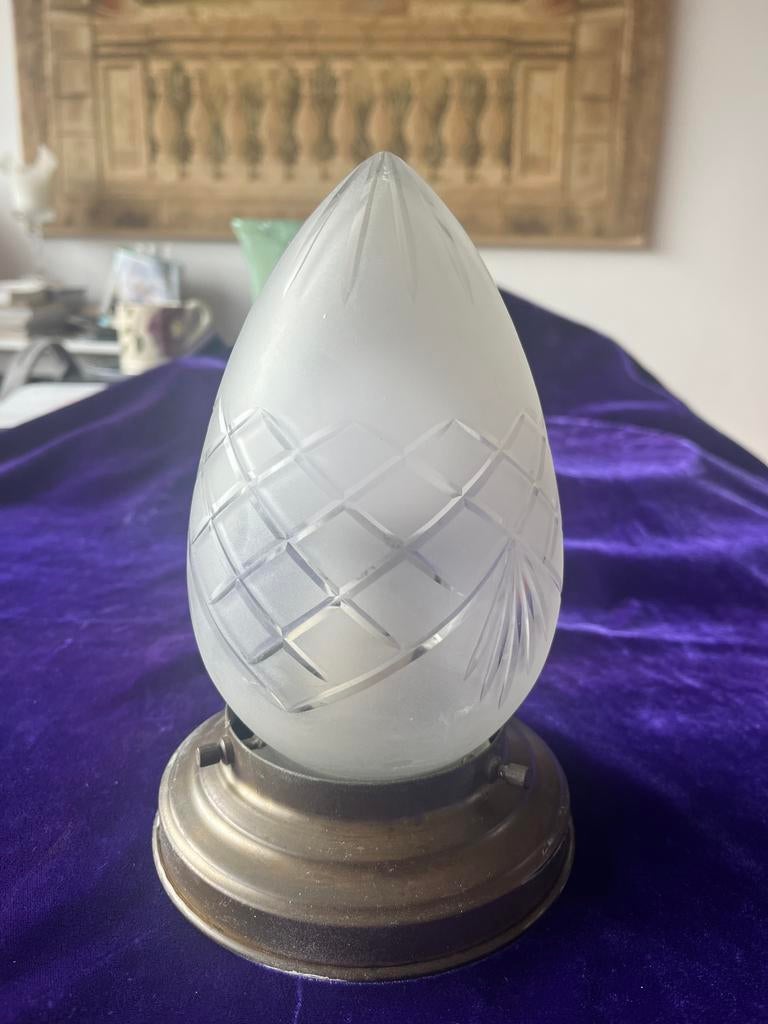 Art deco plafondlamp-mat glas met handgeslepen decor-, Ophalen of Verzenden, Gebruikt, Glas, Art deco