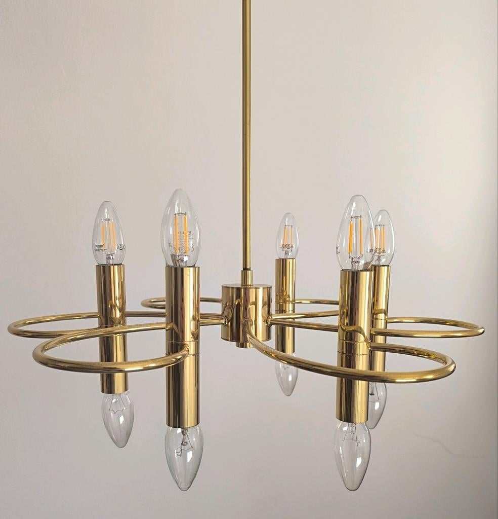 Mid Century Modern Gaetano Sciolari Kroonluchter 70s messing, Ophalen, Gebruikt, Metaal, Mid Century Modern