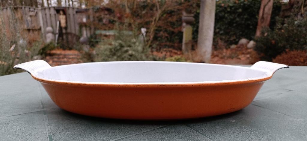 DRU MADE IN HOLLAND oranje vintage gietijzer ovenschaal 32cm, Gebruikt, Gietijzer, Overige typen, Ophalen of Verzenden