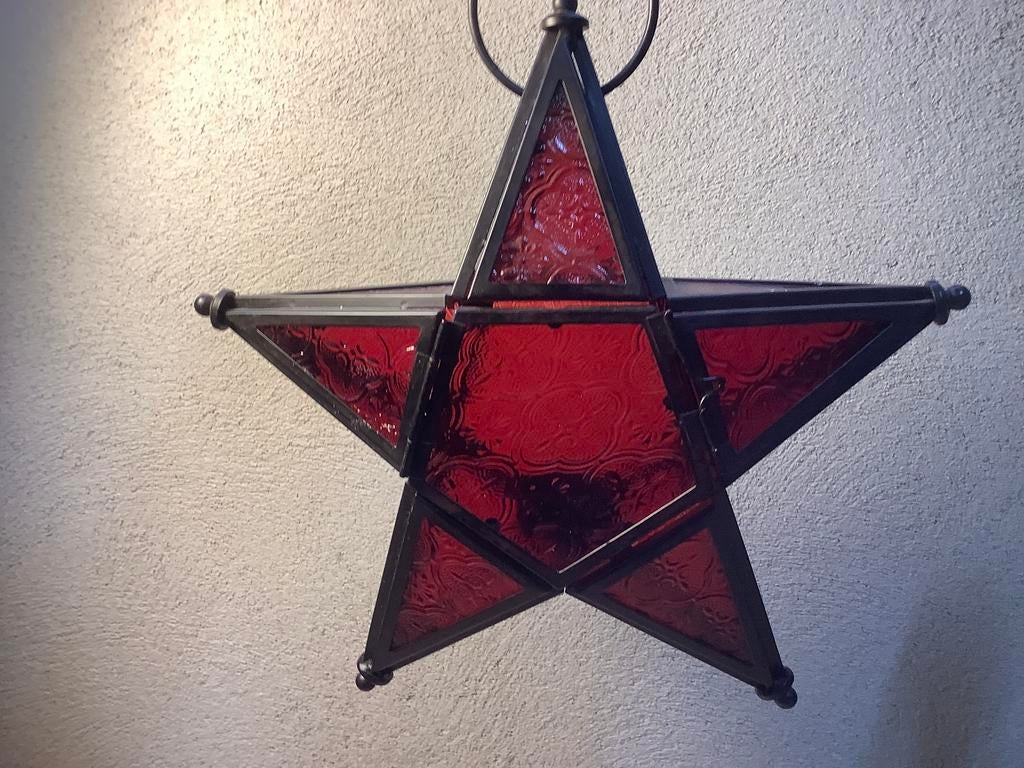 Vintage glazen sterrenlantaarn ster lantaarn met rood glas, Ophalen of Verzenden, Rood, Overige materialen, Minder dan 25 cm