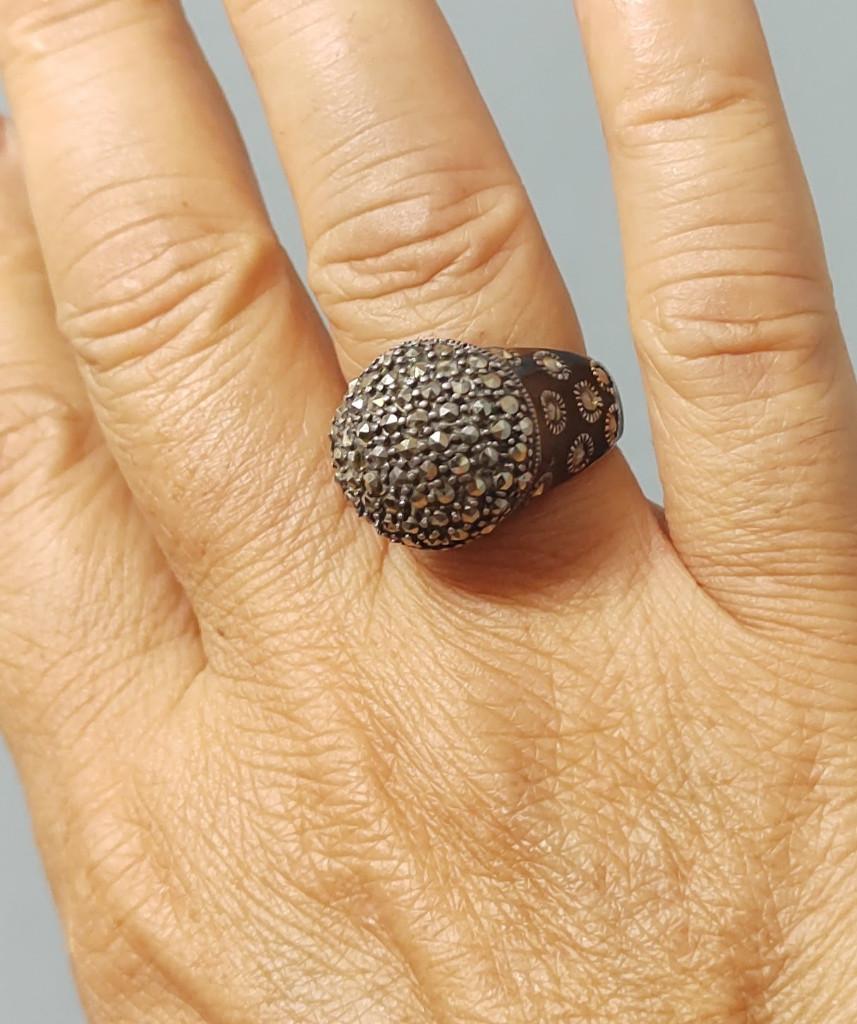 925 zilveren ring met natuurlijke Markasiet en Emaille, O.T., Nieuw, Ophalen of Verzenden, Orientaltemptation@hotmail.com