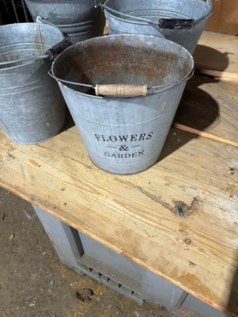 Zinken emmer met tekst Brocante, Ophalen, Gebruikt, Zink, Met handgreep