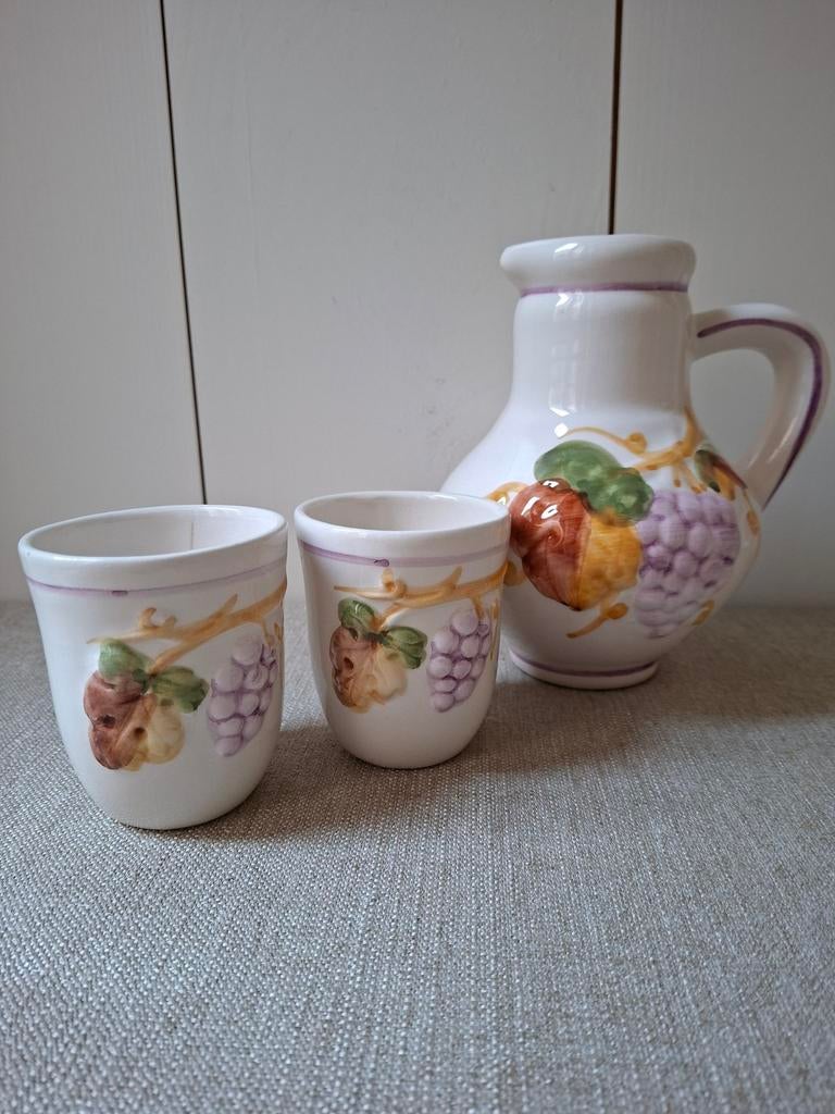 Aardewerken kan en 2 bekers, barbotine, Ophalen of Verzenden