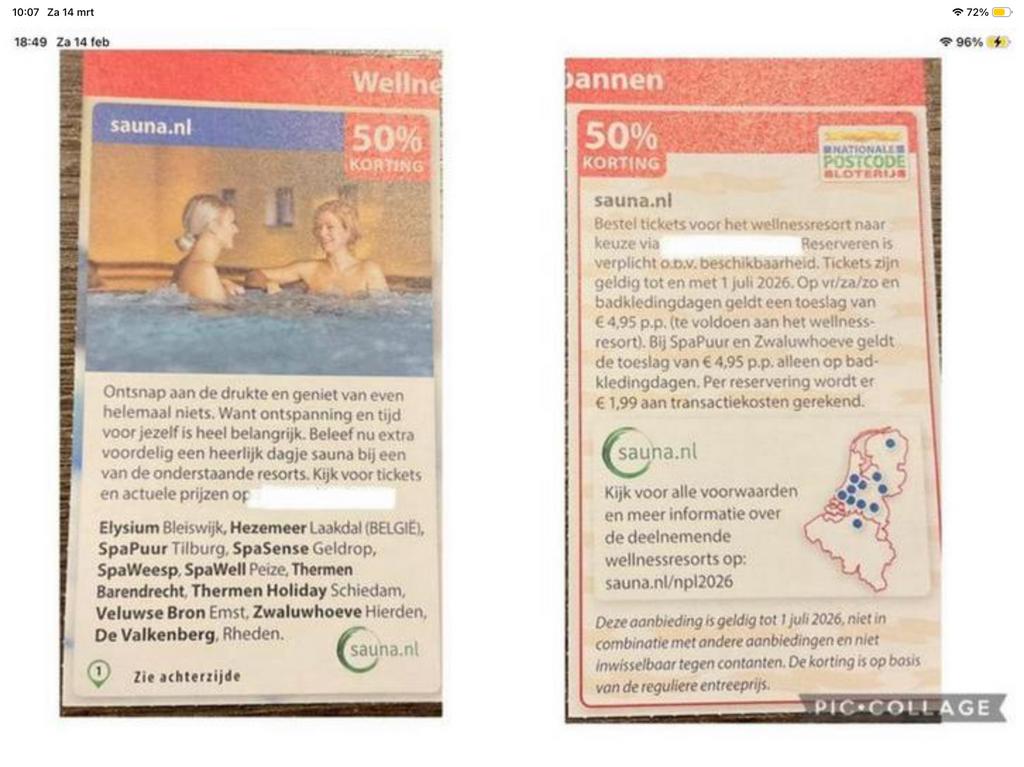 Kortingsbonnen (50%) in omschrijving de sauna’s (KWF), Twee personen, Kortingsbon, Spa of Sauna