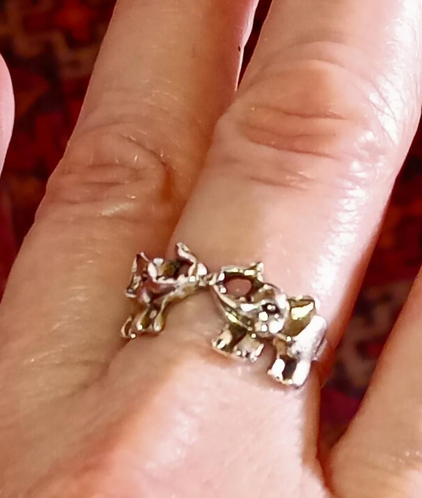 Leuke zilverkleurige ring met twee oliefanten, Sieraden, Tassen en Uiterlijk, Ringen, Overige materialen, Gebruikt, Ophalen of Verzenden