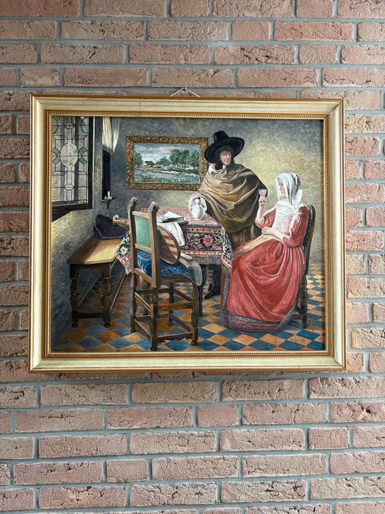 Olieverfschilderij 'Het Glas Wijn' naar Vermeer, Antiek en Kunst, Ophalen of Verzenden