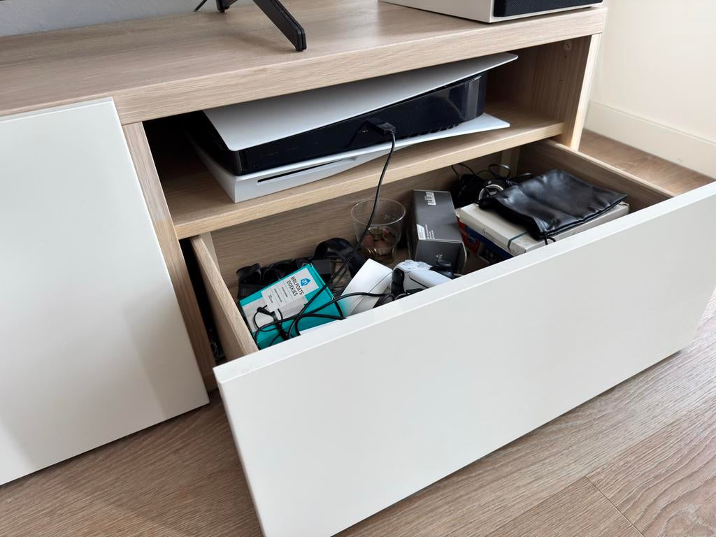 IKEA BESTÅ tv-meubel wit/eiken met 2 lades en 1 deur, Ophalen, Gebruikt, 150 tot 200 cm, Eikenhout