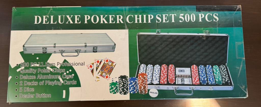 Deluxe Poker Chip Set 500 stuks – nieuw in verpakking, Ophalen, Zo goed als nieuw