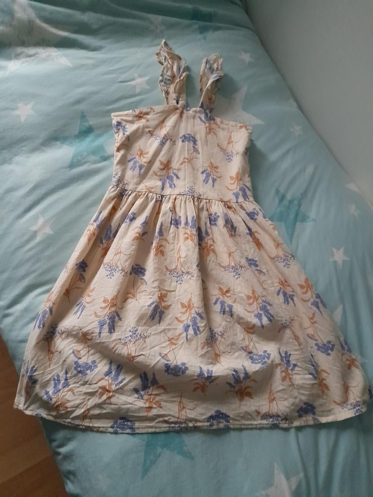 Super leuk Linnen Meisjes jurk beige/lila paars maat 134/140, Ophalen of Verzenden, Nieuw, Maat 134