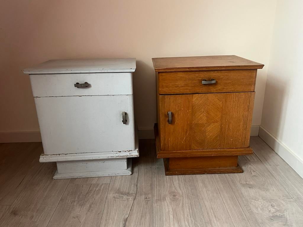 Houten nachtkastjes met lade en deurtje, Ophalen, Gebruikt, 45 tot 65 cm, Minder dan 55 cm