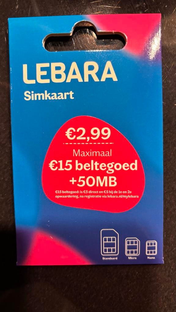 Lebara Prepaid Simkaart - €15 Beltegoed + 50MB, Ophalen, Nieuw, Overige providers, Prepaidkaart