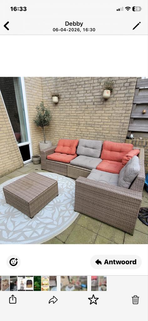 Loungeset hoekbank met tafel en kussens, Ophalen, 5 zitplaatsen, Gebruikt, Loungeset