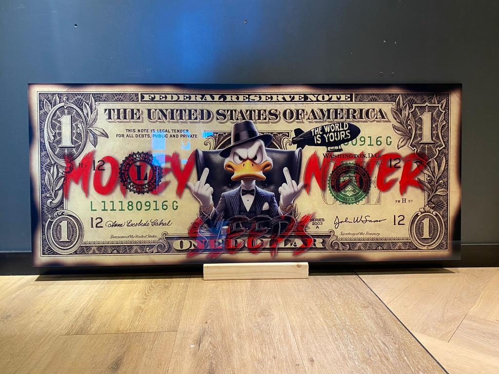 Dagobert Duck Money Never Sleeps plexiglas schilderij, Ophalen of Verzenden