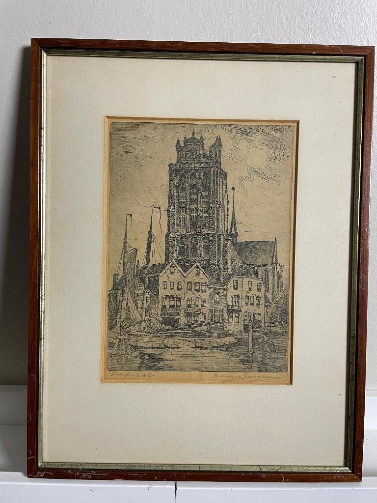 Dom Dordrecht - ets van Marius Janssen, Antiek en Kunst, Kunst | Etsen en Gravures, Ophalen of Verzenden