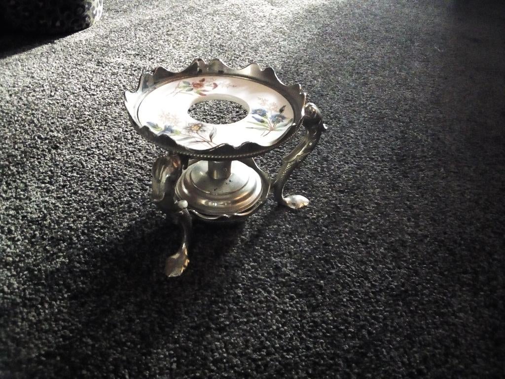 Theelicht tinnen met porcelein en brander., Antiek en Kunst, Ophalen of Verzenden