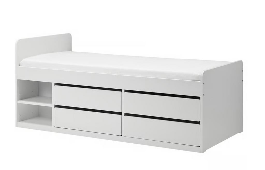 Bedframe met opberger + lattenbodem, wit, ikea, 90 x 200cm, Ophalen, 85 tot 100 cm, Zo goed als nieuw, Lattenbodem