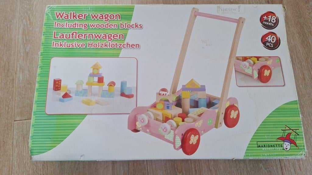 Houten loopwagen met blokken, Ophalen of Verzenden