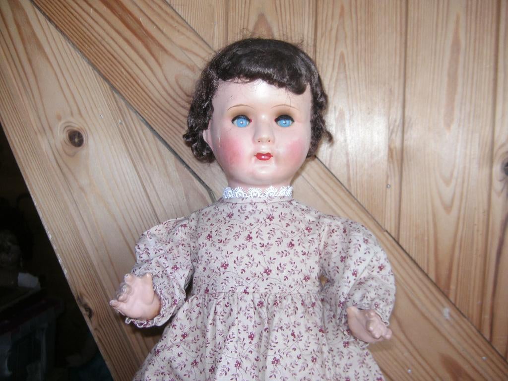 Hans Volk pop 50 cm mohair haar blauwe knipperogen vintage, Ophalen of Verzenden, Gebruikt, Pop