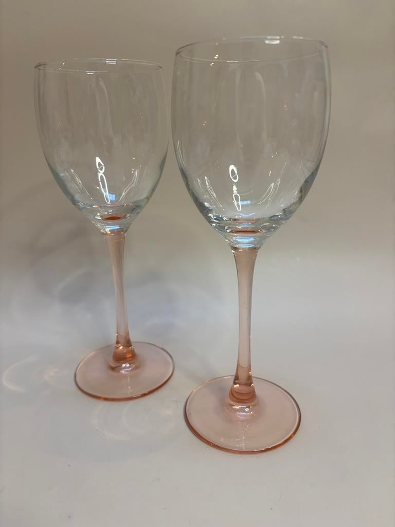 Vintage Luminarc wijnglazen roze voet 2 stuks, Ophalen of Verzenden