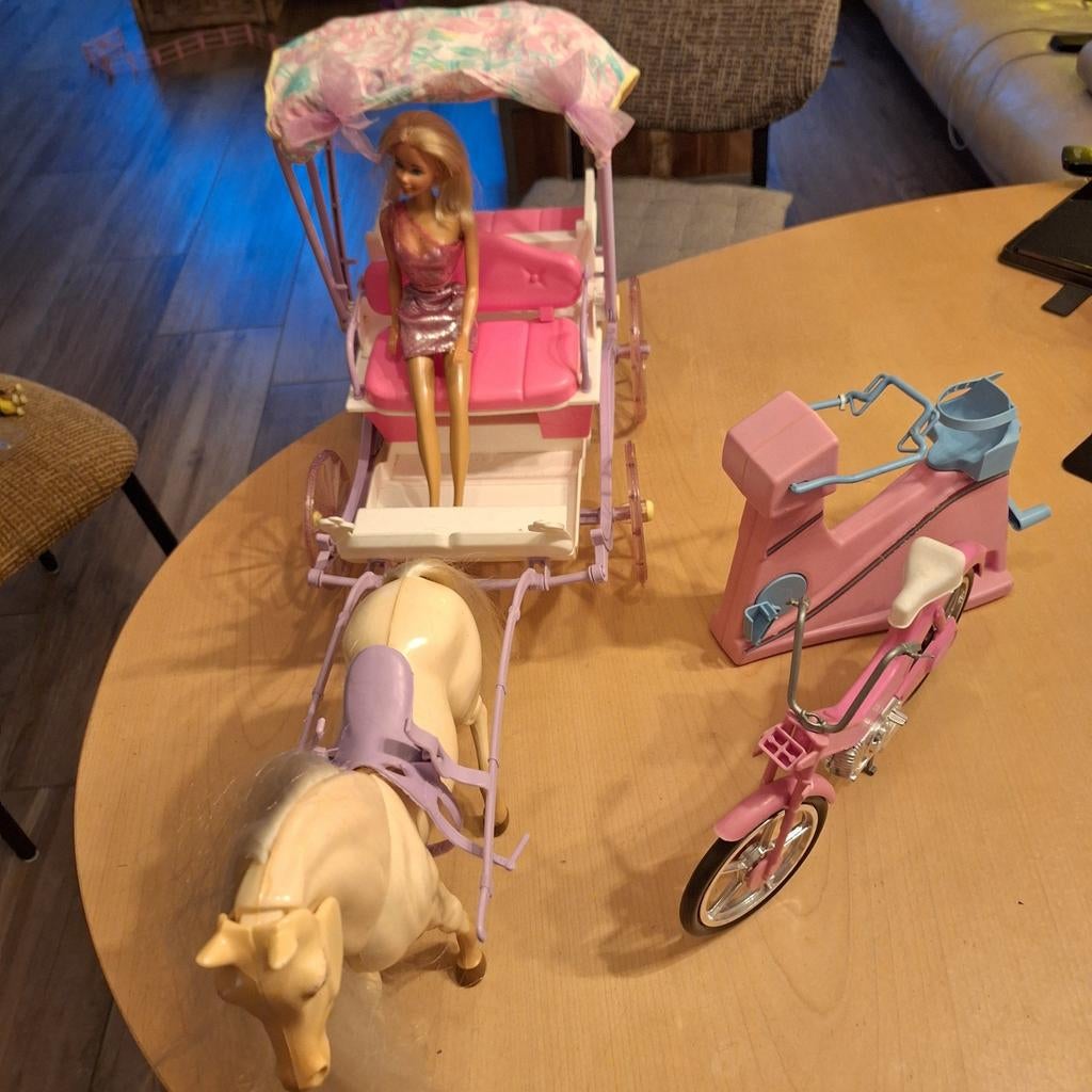 Vintage Barbie met paard en koets, trimtoestel en fiets, Kinderen en Baby's, Speelgoed | Poppen, Ophalen of Verzenden, Gebruikt