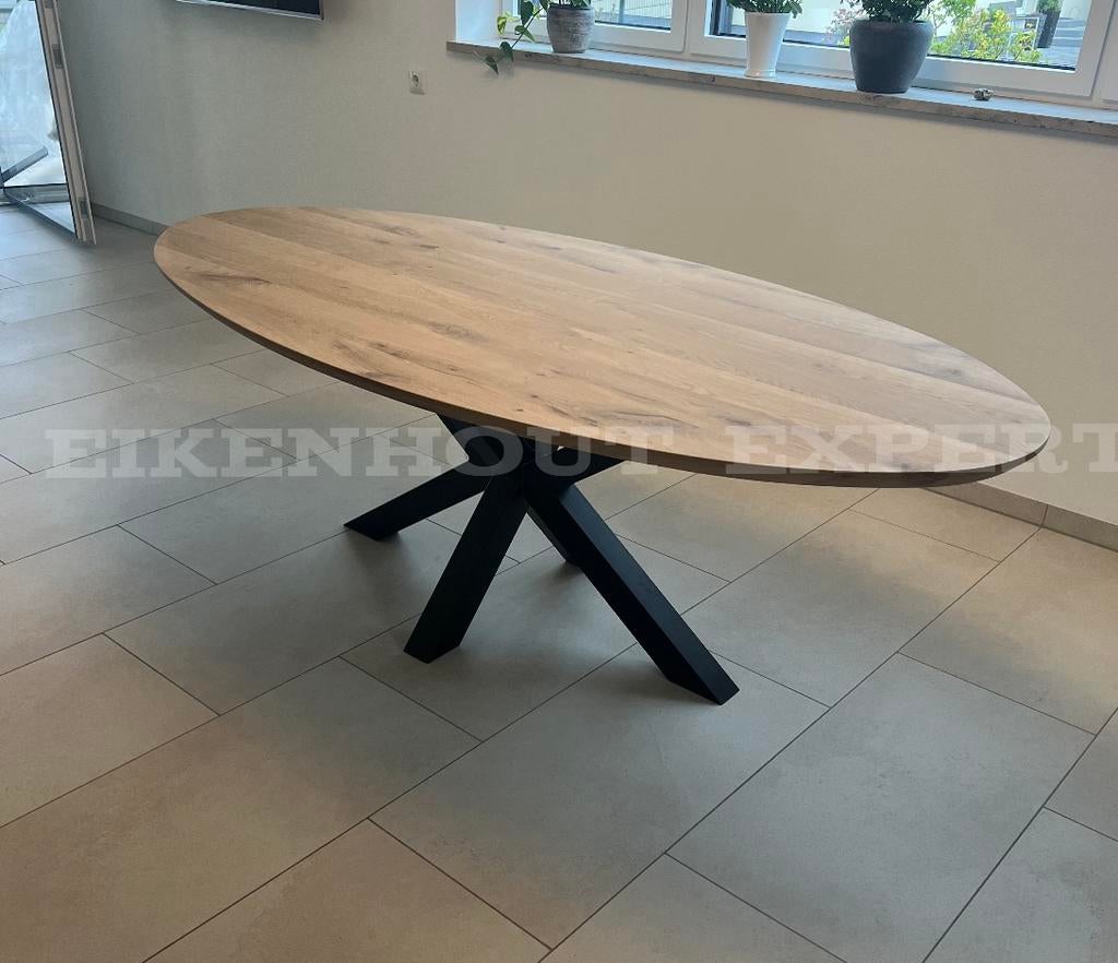 Ovale Ronde Eiken Tafel Eettafel massief Eikenhout Spinpoot, Nieuw, Ophalen of Verzenden, Stalen poot, Ovaal