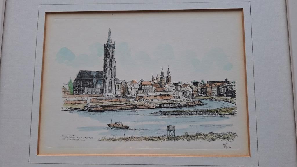 Oud stadsgezicht Litho Roermond ingelijst Jos van Dijk, Antiek en Kunst, Ophalen