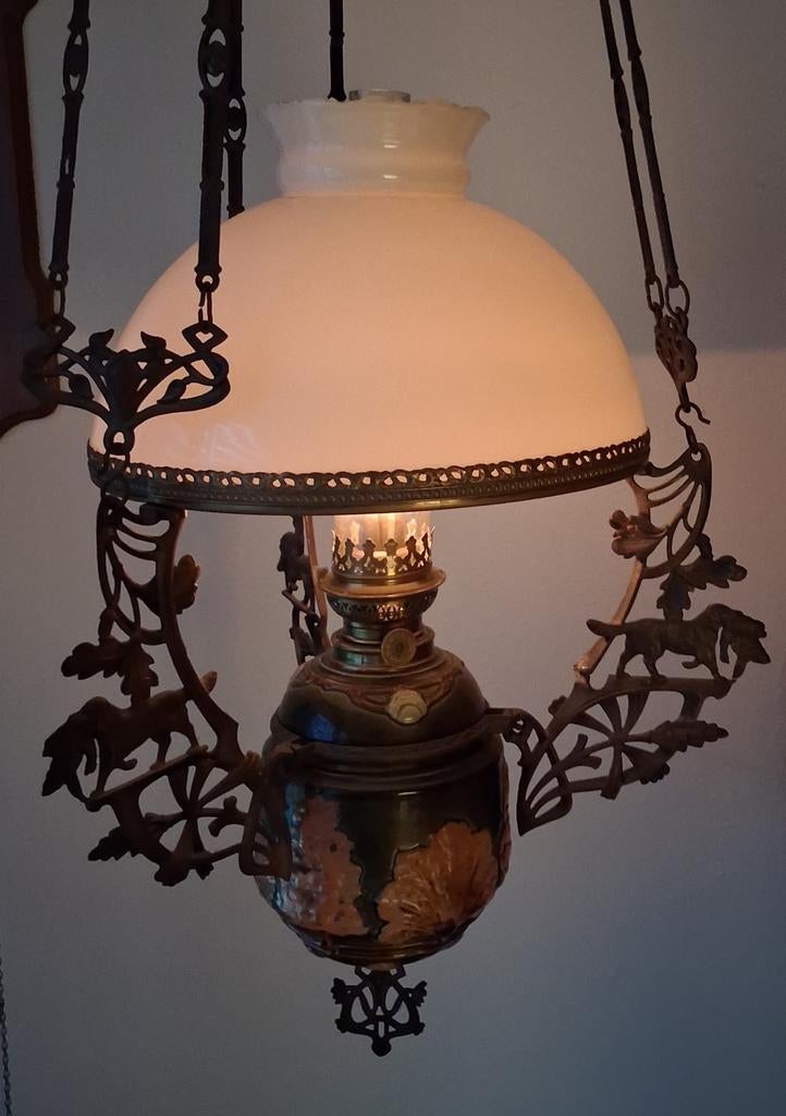 Oude olielamp met glazen kap, Ophalen, Gebruikt, 100 tot 150 cm, Glas