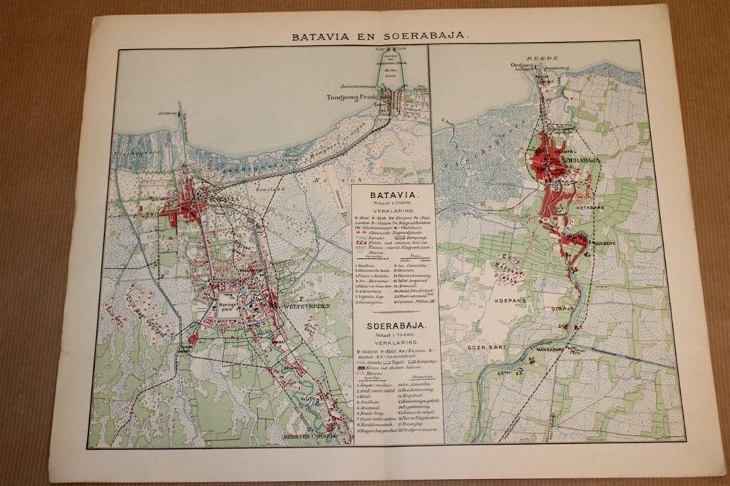 Antieke kaart - Batavia en Soerabaja - Circa 1900, Boeken, Ophalen of Verzenden, 1800 tot 2000, Nederland, Landkaart