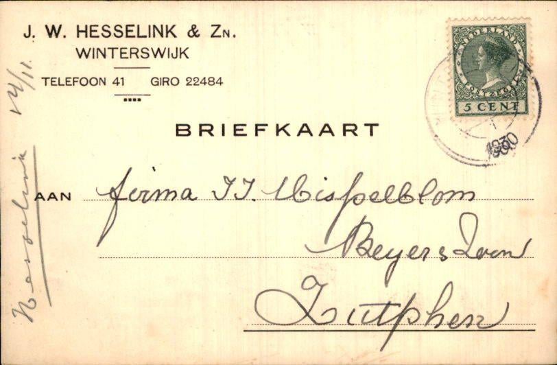 Winterswijk - J. Hesselink - 1930, Ophalen of Verzenden, 1920 tot 1940, Gelopen, Gelderland