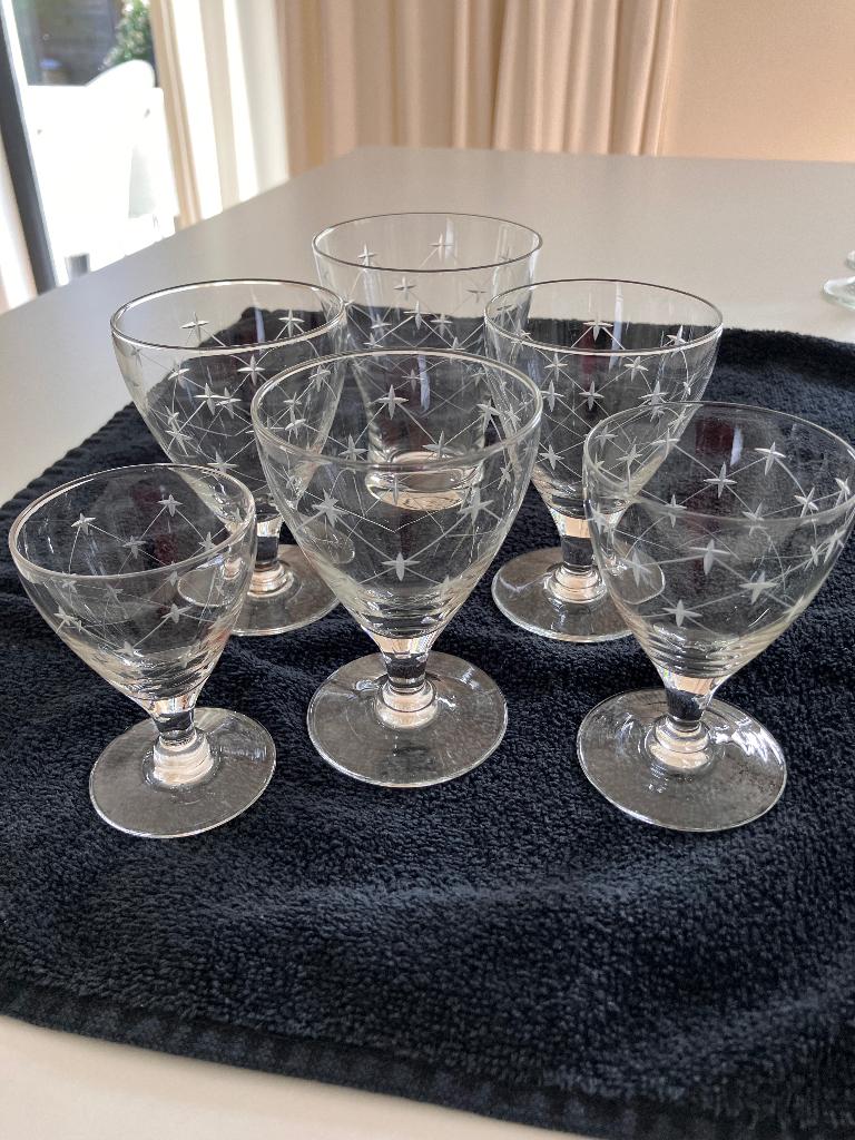 Vintage wijn, water en borrelglas gegraveerd, Antiek en Kunst, Ophalen of Verzenden