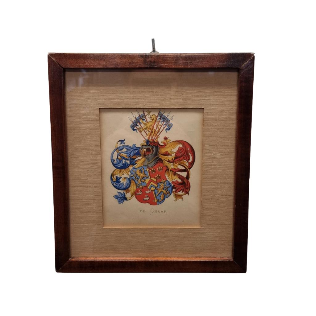 Antieke kleurenlitho met familiewapen van De Graaf, 1885, Ophalen of Verzenden