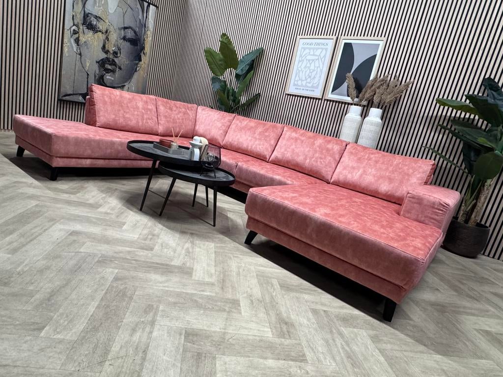 NIEUW Luxe Velvet Velours U-Bank /Hoekbank - Oudroze - 350cm, -, -, Hoekbank, Ophalen of Verzenden