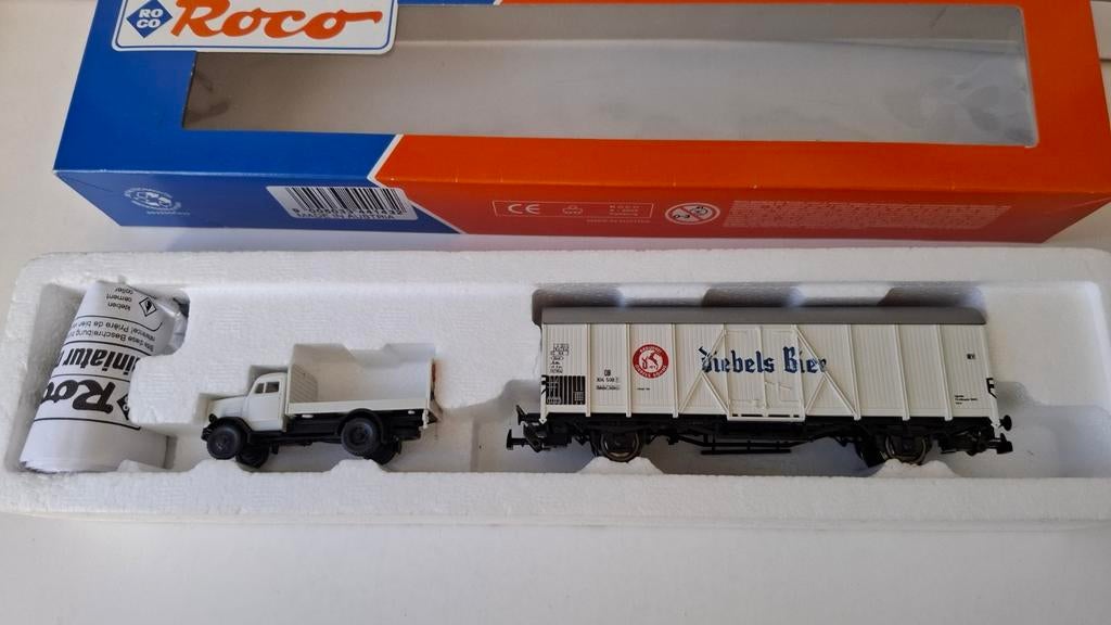 Roco 44143 goederenwagen Diebels bier + Opel Blitz+lading H0, Gelijkstroom, Wagon, Ophalen of Verzenden, Zo goed als nieuw