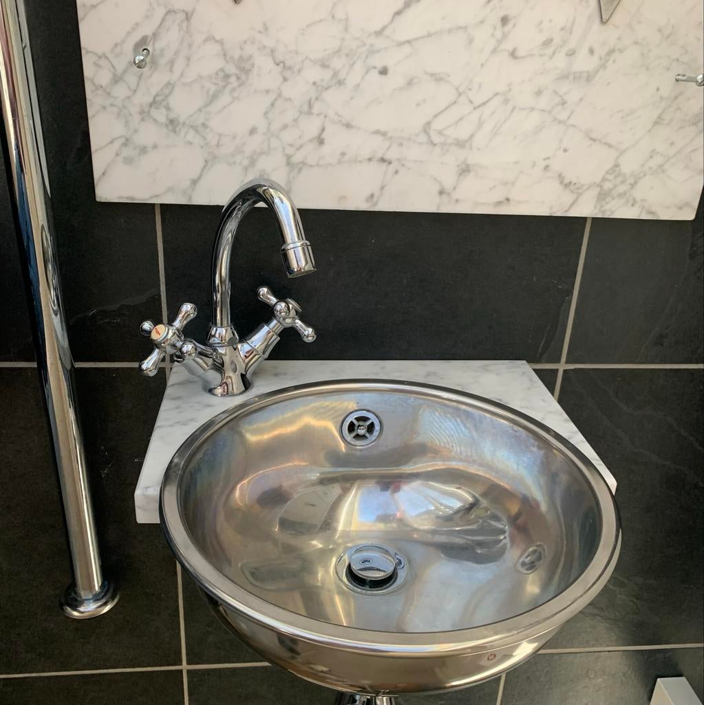 RVS Wastafel met Kraan en Marmeren Plank, Doe-het-zelf en Verbouw, Sanitair, Ophalen, Gebruikt, Rvs, Wastafel