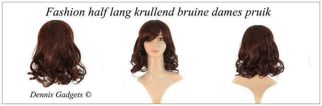 Dennis Gadgets: Damespruik half lang bruin krullend nr.16, Ophalen of Verzenden, Nieuw, Pruik of Haarverlenging