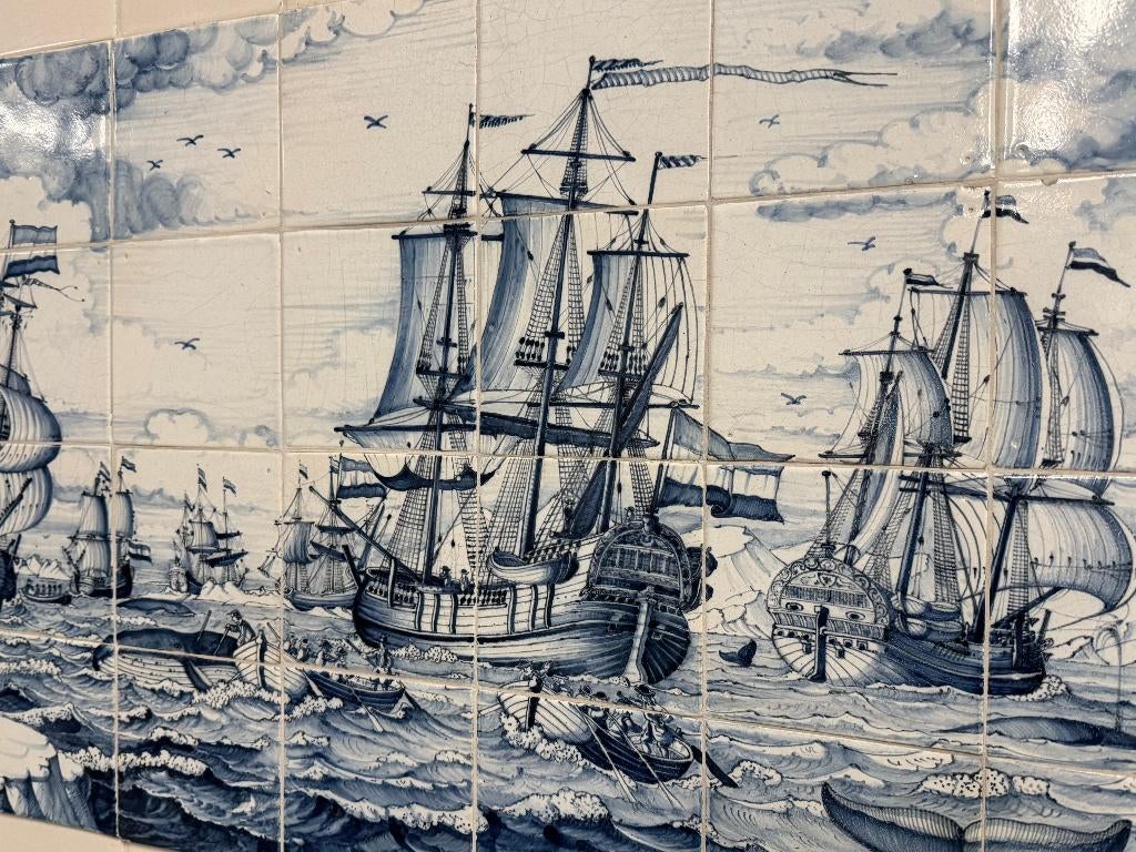 Reproductie tegeltableau walvisjacht voc schepen 91x52cm., Ophalen
