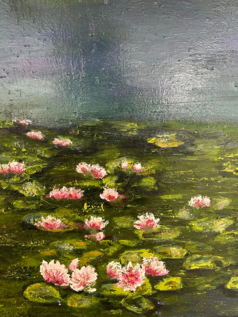 Olieverf schilderij waterlelies en bomen 100x140cm, Antiek en Kunst, Kunst | Schilderijen | Modern, Ophalen of Verzenden