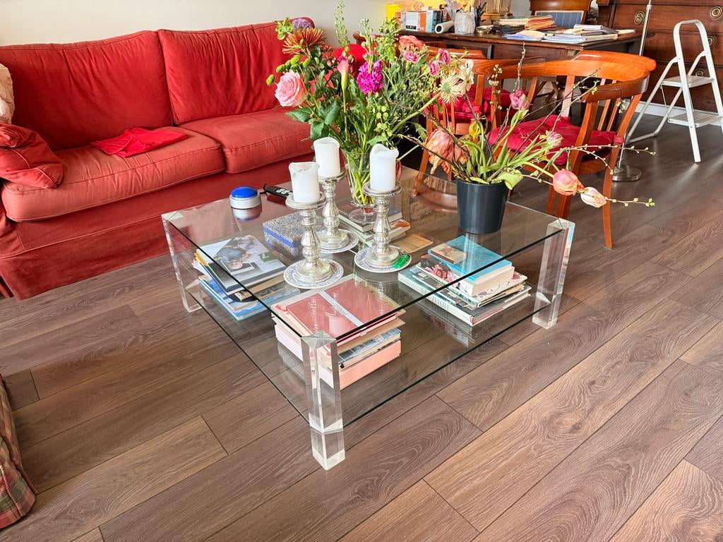 Stijlvolle glazen salontafel 101x101 cm, hoogte 39,5 cm, Huis en Inrichting, Tafels | Salontafels, Gebruikt, Minder dan 50 cm