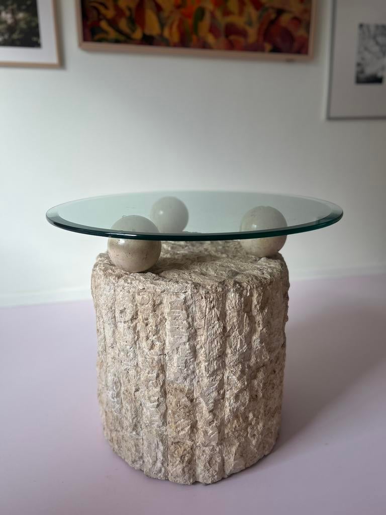 Travertijn | glas | salontafel | bijzettafel, Huis en Inrichting, 50 tot 100 cm, 50 tot 75 cm, Ophalen of Verzenden, Zo goed als nieuw