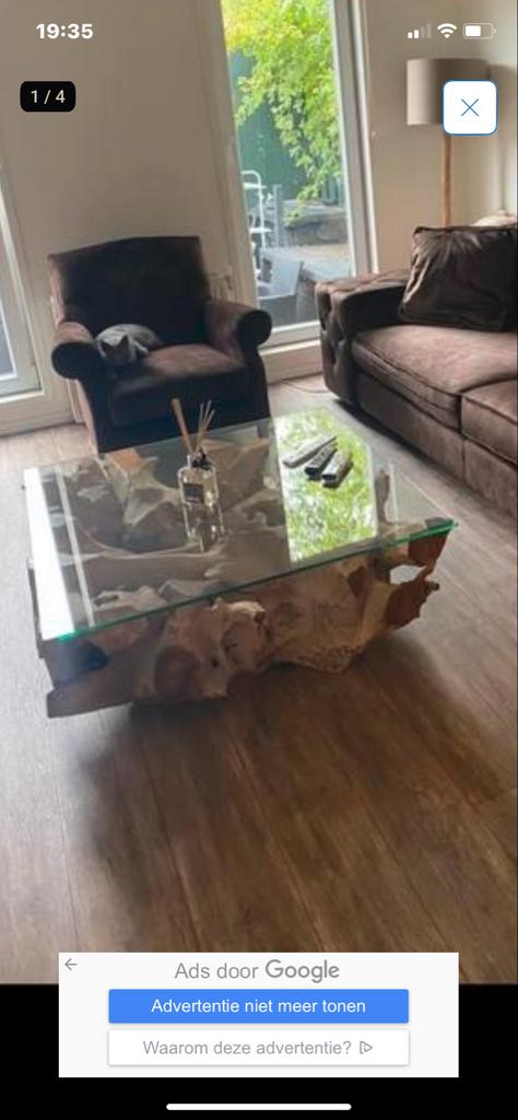 Salontafel met glazen blad en wortelhout onderstel, 100 tot 150 cm, Minder dan 50 cm, Rechthoekig, 50 tot 100 cm