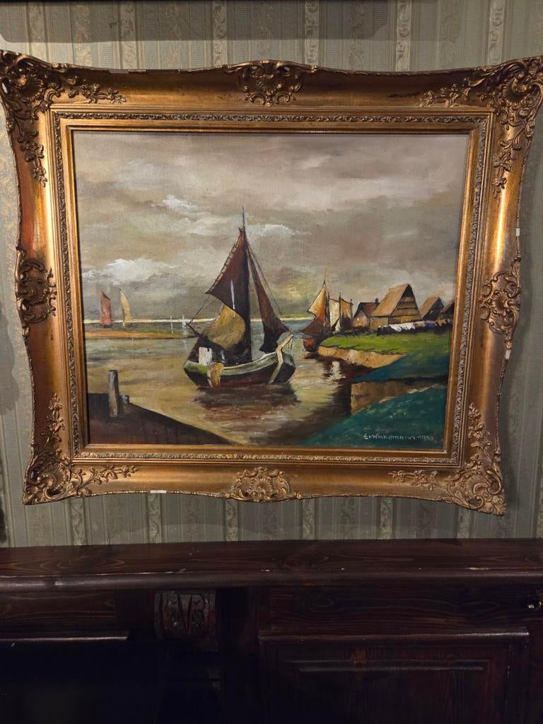 Olieverfschilderij Er. Winkelmann 1953 - Havenzicht, Antiek en Kunst, Ophalen of Verzenden