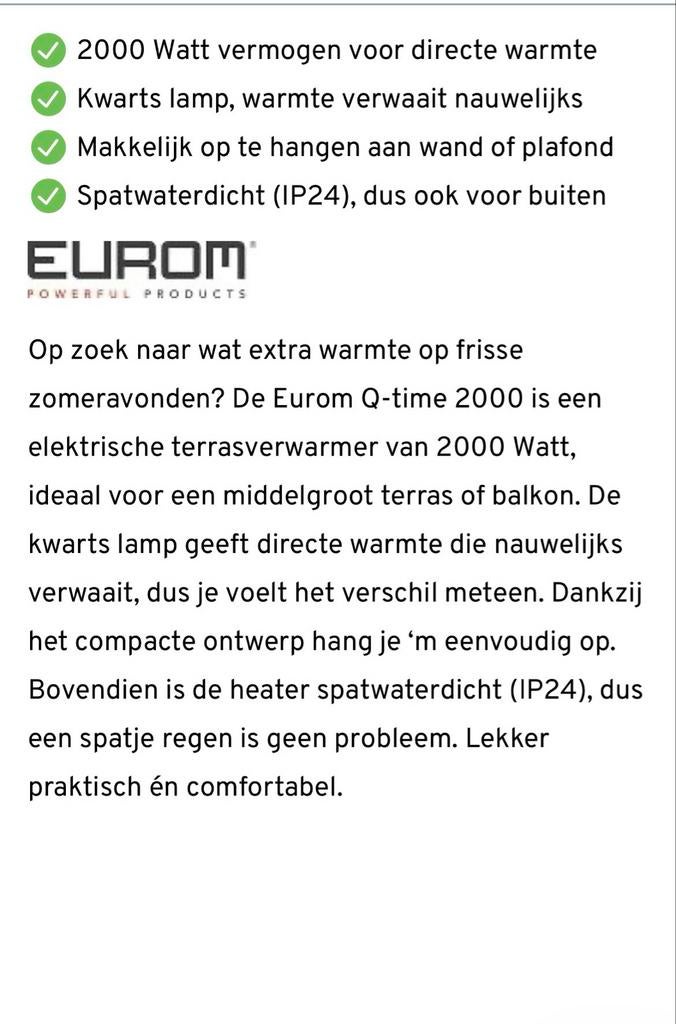 Eurom Q-time 2000 Elektrische Terrasverwarmer Spatwaterdicht, Elektrisch, Plafond, Nieuw, Ophalen of Verzenden