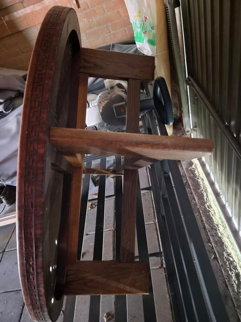 Houten tafel met leren blad en Peruaanse motieven, Huis en Inrichting, Ophalen of Verzenden